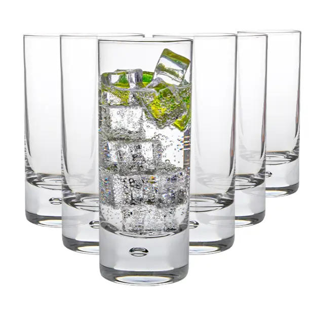 Set of six Glassware UK bubble-based high ball whisky tumblers, 365ml capacity, clear glass with textured bubble design.