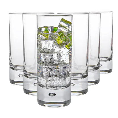 Set of six Glassware UK bubble-based high ball whisky tumblers, 365ml capacity, clear glass with textured bubble design.