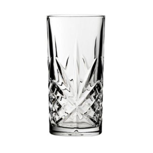 Set of six Timeless Fully Cut Highball Glasses, 300ml whisky tumblers with intricate cut glass design by Glassware UK.