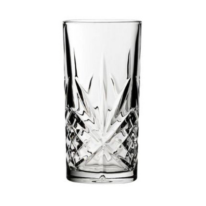Set of six Timeless Fully Cut Highball Glasses, 300ml whisky tumblers with intricate cut glass design by Glassware UK.