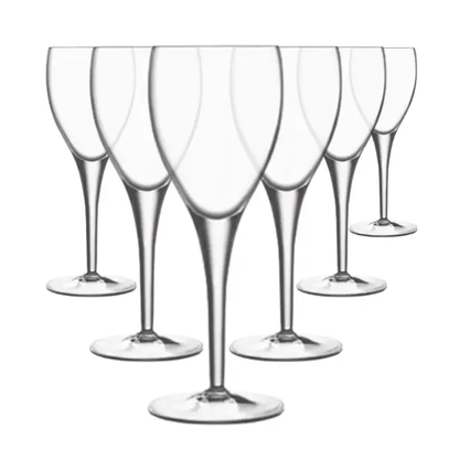 Set of six Luigi Bormioli red wine glasses, 225ml, clear glassware with elegant bowl shape for red wine drinking.