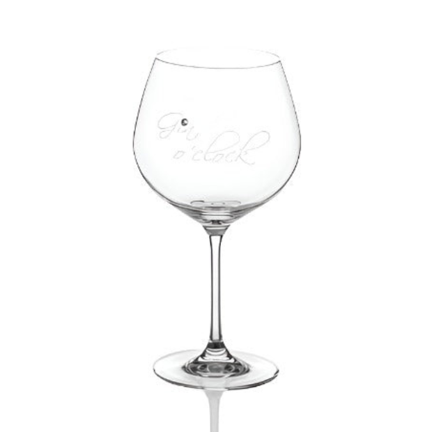 Glassware UK Diamante Gin O'Clock gin glass with sparkling diamanté accents, 610ml capacity, displayed in a gift box.