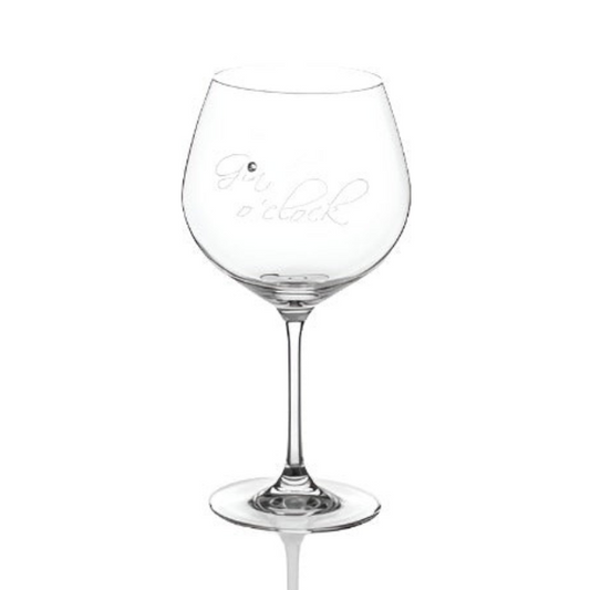 Glassware UK Diamante Gin O'Clock gin glass with sparkling diamanté accents, 610ml capacity, displayed in a gift box.