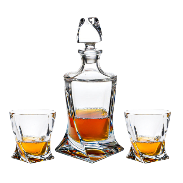 Crystalite 3-piece whisky decanter set by Glassware UK, includes three clear glass decanters with stoppers on a wooden tray.