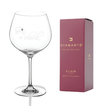 Glassware UK Diamante Gin O'Clock gin glass with sparkling diamante accents, 610ml capacity, in elegant gift box.