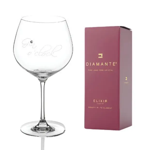 Glassware UK Diamante "Gin O'Clock" gin glass with sparkling diamant embellishments, holds 610ml, displayed in a gift box.