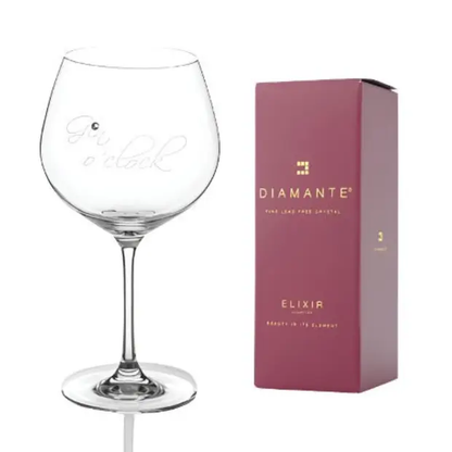 Glassware UK Diamante "Gin O'Clock" gin glass with sparkling diamant embellishments, holds 610ml, displayed in a gift box.