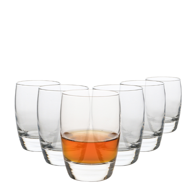 Set of six Luigi Bormioli whisky tumblers, 265ml glassware, featuring clear, elegant design for enjoying whisky drinks.