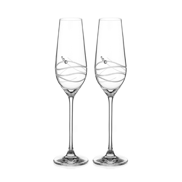 Pair of Glassware UK champagne flutes with diamante accents and Modena spiral cutting in a gift box.