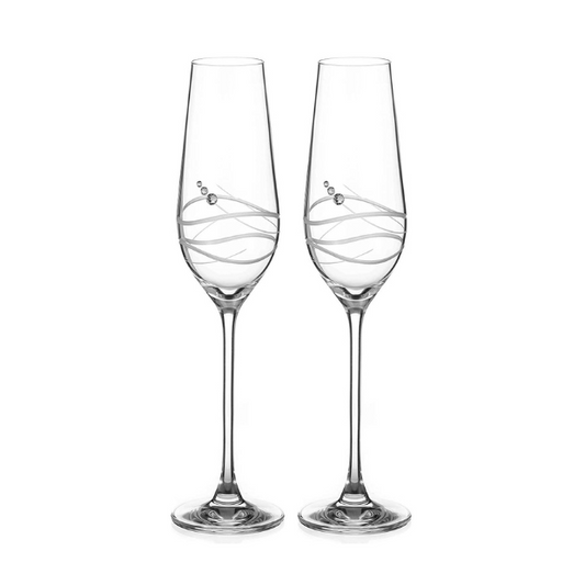 Pair of Glassware UK champagne flutes with diamante accents and Modena spiral cutting in a gift box.