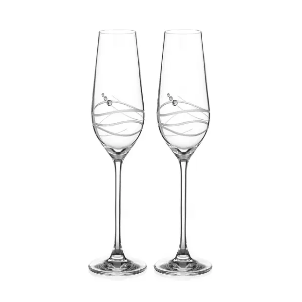 Pair of Glassware UK diamante champagne flutes with Modena spiral cutting in a gift box, showcasing sparkling diamond accents and elegant design.