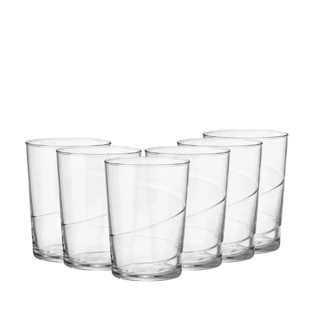 Set of six Bormioli Rocco Swirl Maxi Glass tankards with clear glass and swirl design, perfect for beverages.
