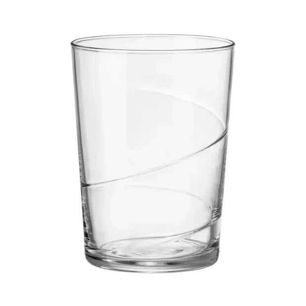 Set of 6 Bormioli Rocco Swirl Maxi Glass Tankards with clear glass and swirl design, perfect for beverages.