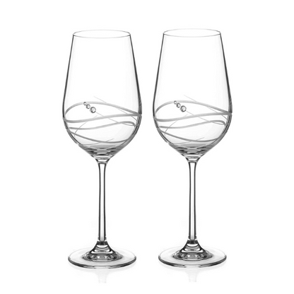 Set of two Diamante Wine Glasses with Modena Spiral Cut by Glassware UK displayed in a gift box, showcasing elegant glassware design.