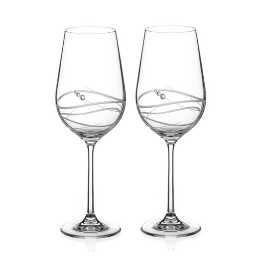 Set of two Diamante Wine Glasses with Modena Spiral Cut by Glassware UK displayed in a gift box, showcasing elegant glassware design.