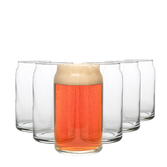 Set of six Glassware UK whisky tumblers designed to resemble beer cans, 450ml capacity, ideal for casual drinkware.