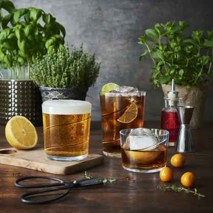 Set of six Bormioli Rocco Swirl Maxi Glass tankards featuring clear glass with a swirl design, ideal for beverages.