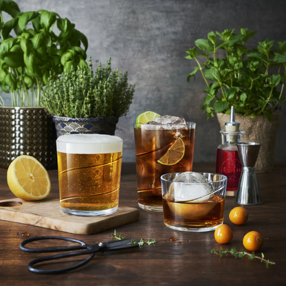 Set of six Bormioli Rocco Swirl Maxi Glass tankards with clear glass and swirling pattern, perfect for beverages.