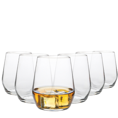 Set of six Bormioli Rocco Electra whisky tumblers, 380ml glassware with clear, sturdy design for enjoying whiskey.