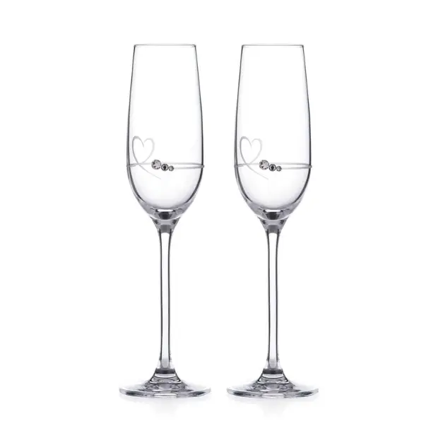 Set of 2 Glassware UK Diamante Petit Champagne Flutes with heart design in gift box, featuring elegant crystal glass and decorative diamantes.