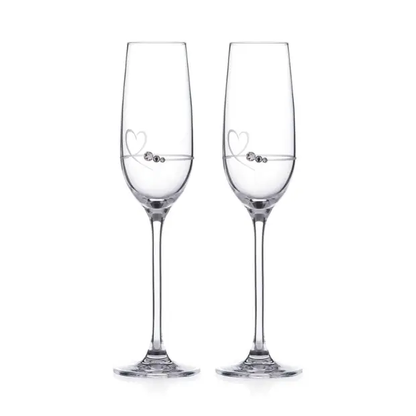 Set of 2 Glassware UK Diamante Petit Champagne Flutes with heart design in gift box, featuring elegant crystal glass and decorative diamantes.