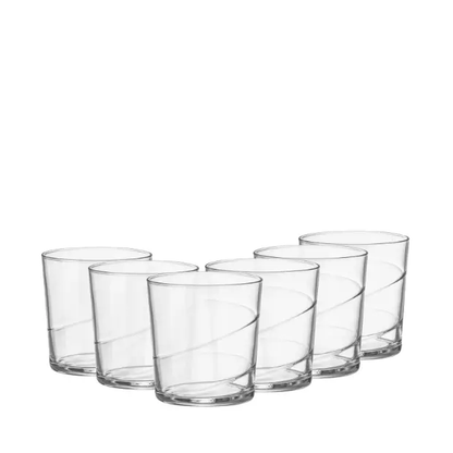 Set of six Bormioli Rocco Swirl medium whiskey tumblers with a clear glass design, perfect for enjoying spirits.