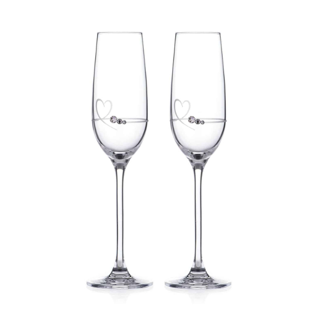Set of two Diamante Petit Champagne Flutes by Glassware UK with heart design, presented in a gift box, perfect for special occasions.