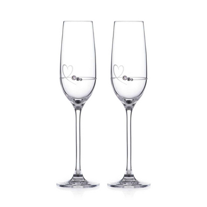 Set of two Diamante Petit Champagne Flutes by Glassware UK with heart design, presented in a gift box, perfect for special occasions.