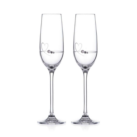 Set of two Diamante Petit Champagne Flutes by Glassware UK with heart design, presented in a gift box, perfect for special occasions.