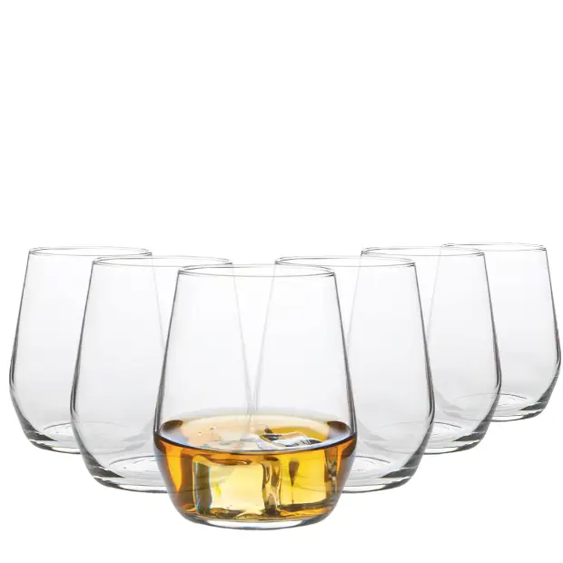 Set of six Bormioli Rocco Electra whisky tumblers, 380ml glassware with clear, sturdy design for enjoying whisky drinks.