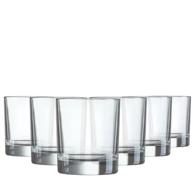 Set of six Glassware UK Old Fashioned whisky tumblers, 290ml, clear glass with thick base for serving spirits and cocktails.