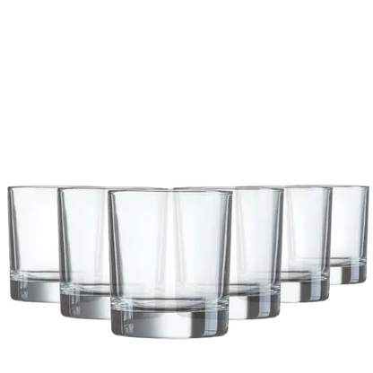 Set of six Glassware UK Old Fashioned whisky tumblers, 290ml, clear glass with thick base for serving spirits and cocktails.