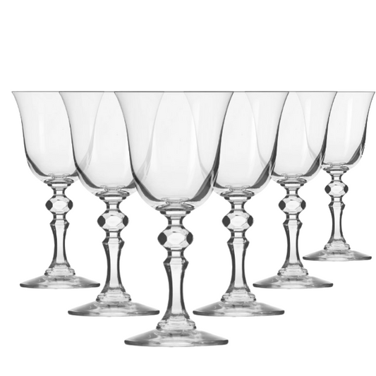 Set of six Krosno Krista red wine glasses, 220ml, clear glassware with elegant bowl for red wine drinking.