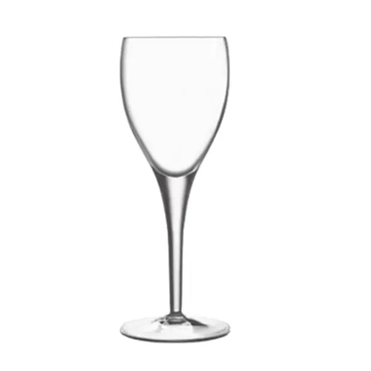 Set of six Luigi Bormioli red wine glasses with 225ml capacity, clear glassware for elegant wine drinking.