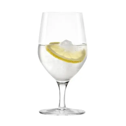 Set of six Stolzle Ultra Mineral Water Whisky Tumblers, 450ml glasses with clear glass and smooth rims, designed for elegant drinking.