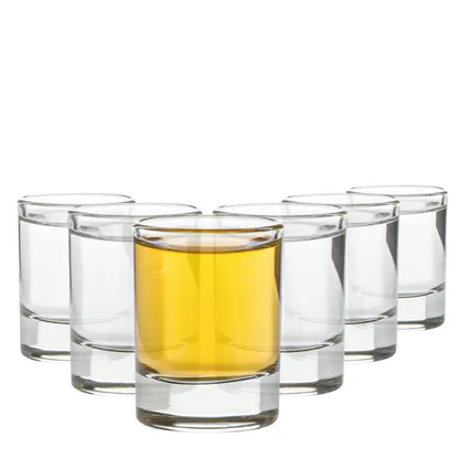 Set of six Glassware UK Heritage shot glasses, 40ml capacity, clear glass with a classic design for serving spirits.
