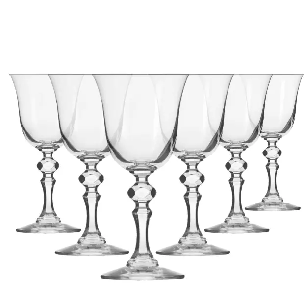 Set of six Krosno Krista red wine glasses with 220ml capacity, elegant clear glassware for wine serving.