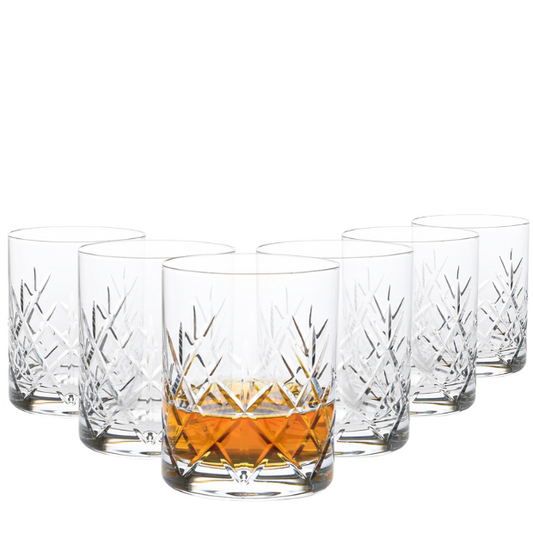 Six Flamenco Crystalite full-cut whisky tumblers from Glassware UK, 320ml capacity, clear glass with intricate cut patterns.