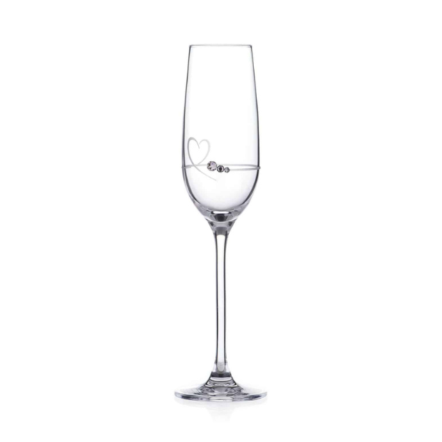 Glassware UK Diamante Petit Champagne Flute with Heart Design in gift box, featuring sparkling embellishments and elegant shape.