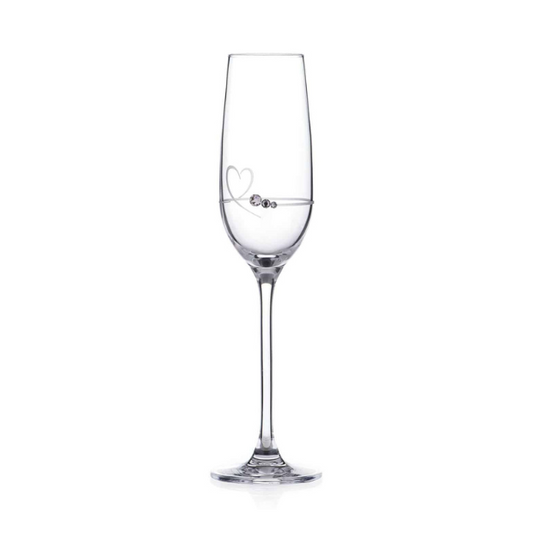 Glassware UK Diamante Petit Champagne Flute with Heart Design in gift box, featuring sparkling embellishments and elegant shape.