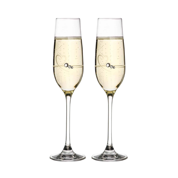 Set of two Diamante Petit Champagne Flutes with heart design by Glassware UK, featuring elegant crystal glass and decorative accents.