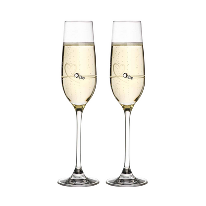 Set of two Diamante Petit Champagne Flutes with heart design by Glassware UK, featuring elegant crystal glass and decorative accents.