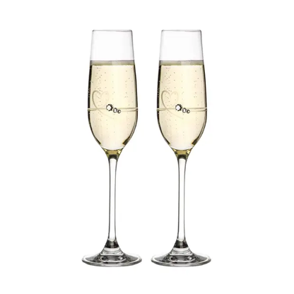 Set of 2 Glassware UK diamanté petit champagne flutes with heart design in a gift box, featuring clear glass and elegant detailing.