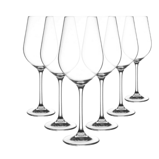 Set of six Glassware UK Harmony white wine glasses, 350ml capacity, clear glass with elegant stem and bowl design.
