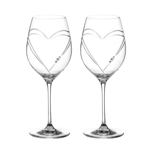 Set of 2 Glassware UK diamante wine glasses with heart-shaped cut designs, displayed in a gift box.