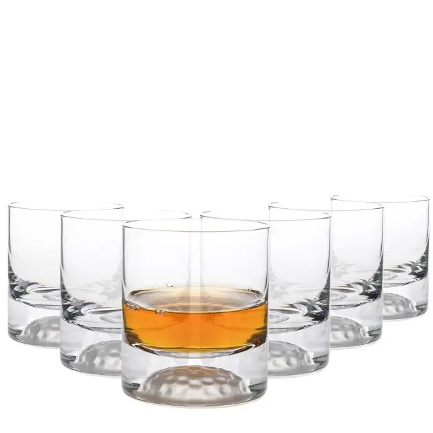 Set of six Golf Ball Glass Tumblers by Glassware UK, 235ml whisky tumblers with a golf ball design on clear glass.