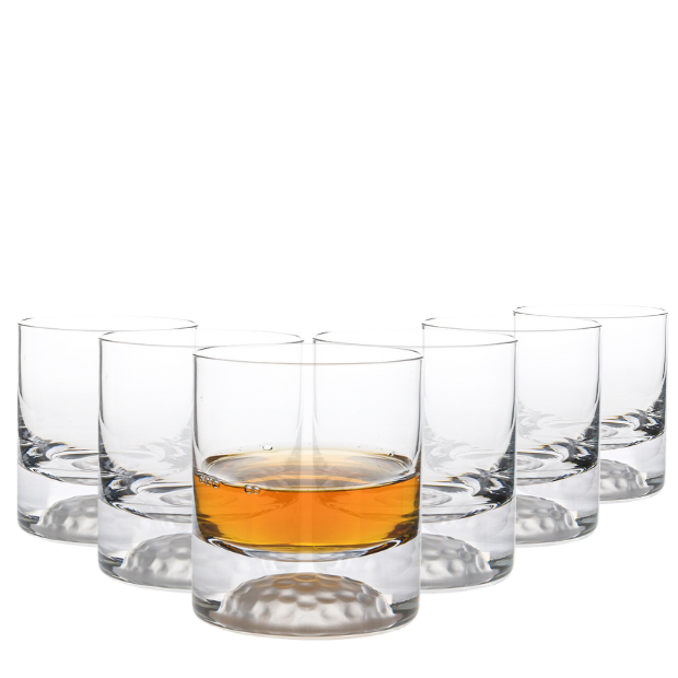 Set of six golf ball-shaped whisky tumblers made of glass, 295ml capacity, by Glassware UK.
