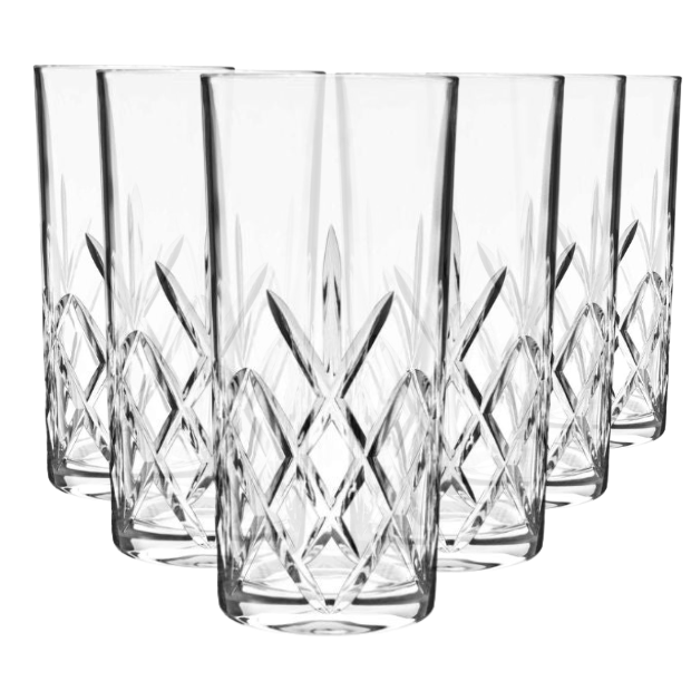 Set of six Flamenco Crystalite highball glasses, 350ml whisky tumblers from Glassware UK with elegant cut design.
