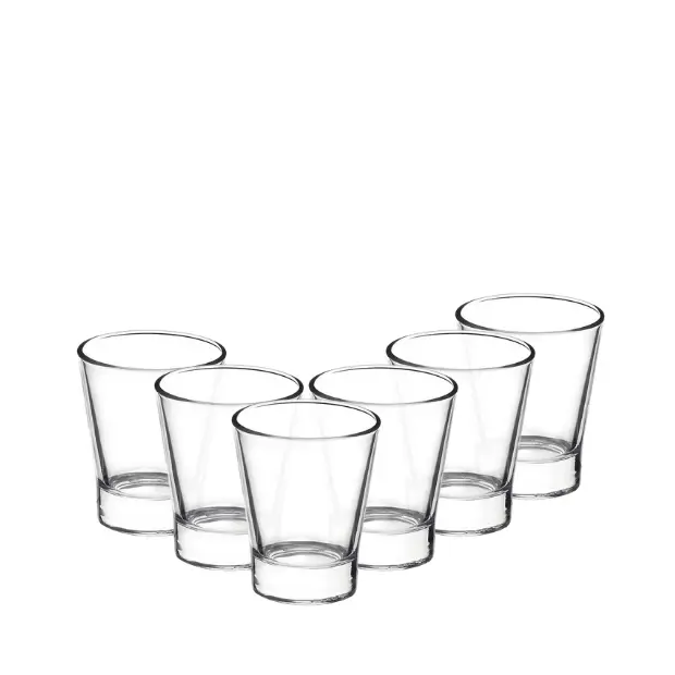 Set of six Bormioli Rocco 85ml espresso shot glasses with clear glass design, perfect for serving small coffee shots.