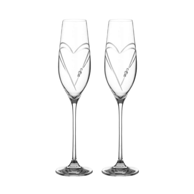 Glassware UK diamante champagne flutes with heart-shaped cutting, displayed in a gift box, elegant sparkling glassware for special occasions.
